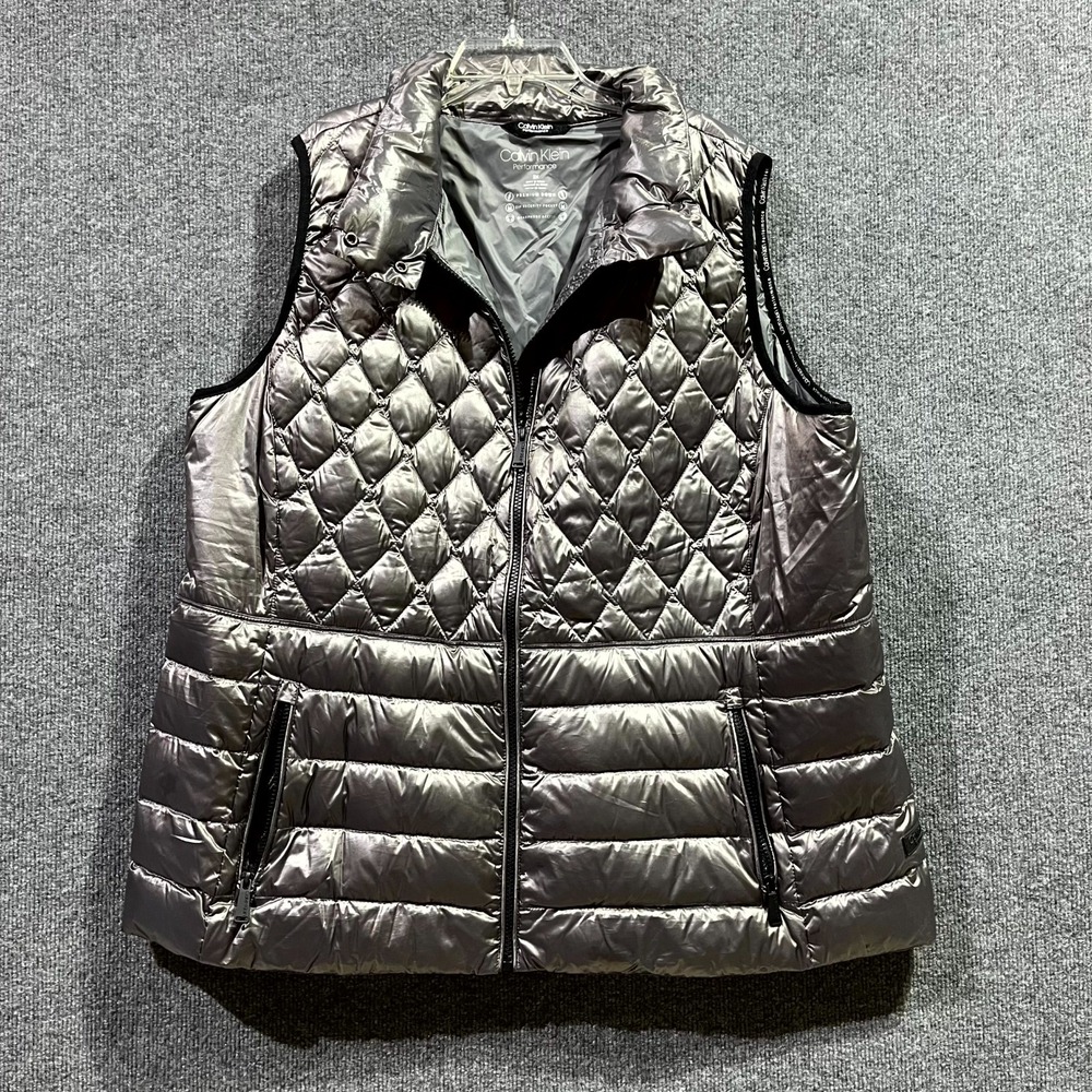 Calvin Klein Performance Down Puffer Vest Women 2X Gray Quilted Zip Up Mock Neck